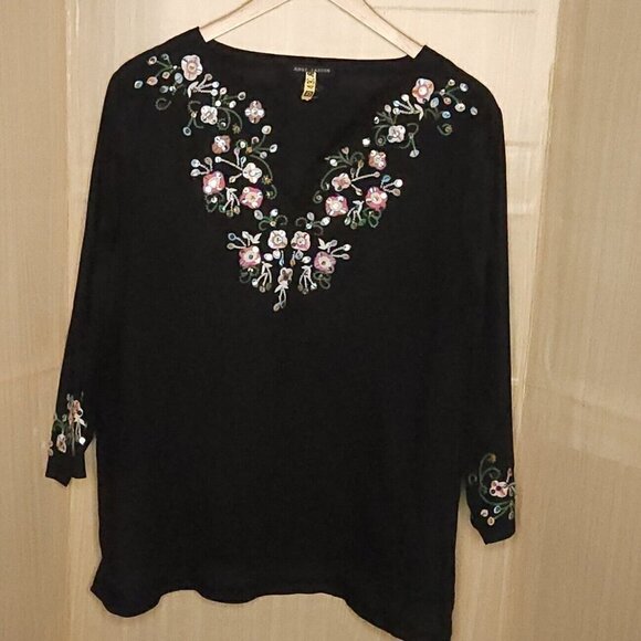 Anne Carson Black Linen Blend Embroidered Tunic 1X - Picture 1 of 7